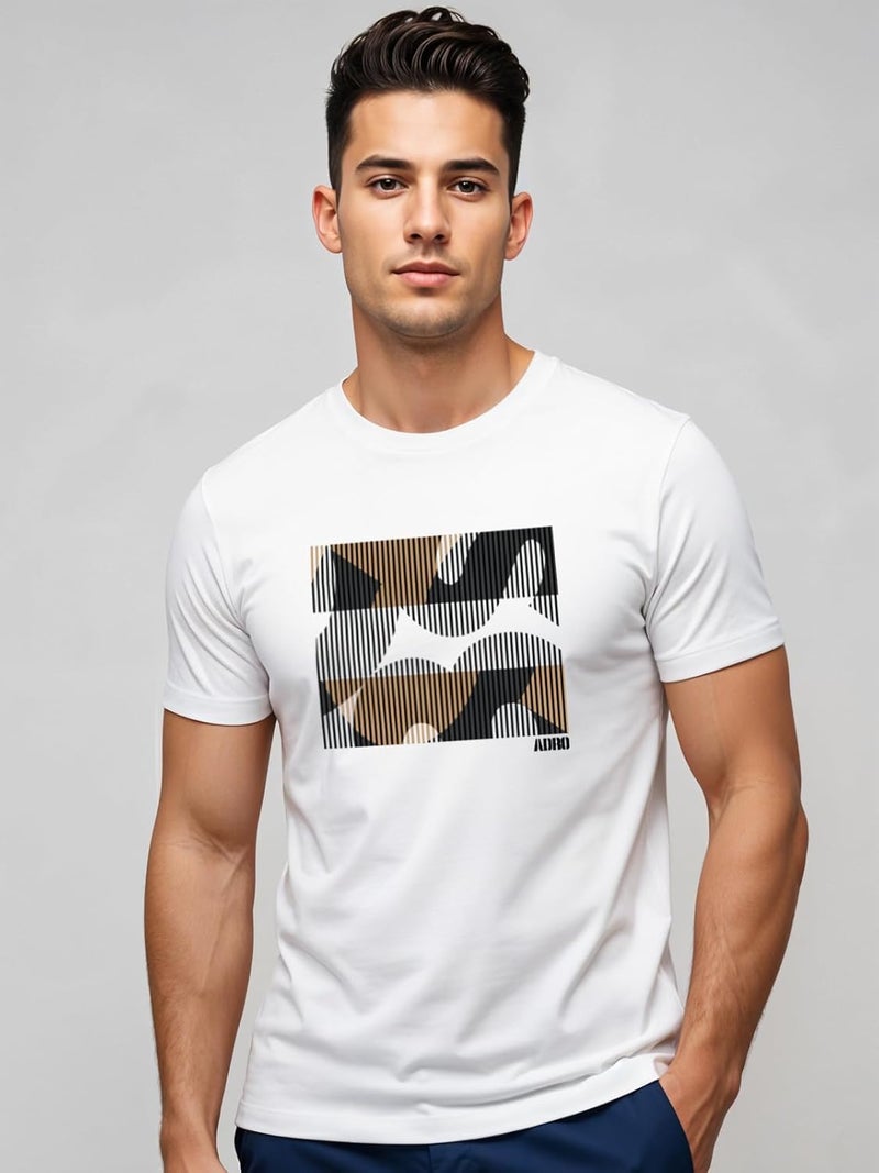 ADRO Men's Regular Fit T-Shirt with Abstract Camo Lines Design - 180 GSM Cotton Lycra Casual Half Sleeve White Round Neck Graphic Tee - Image 2