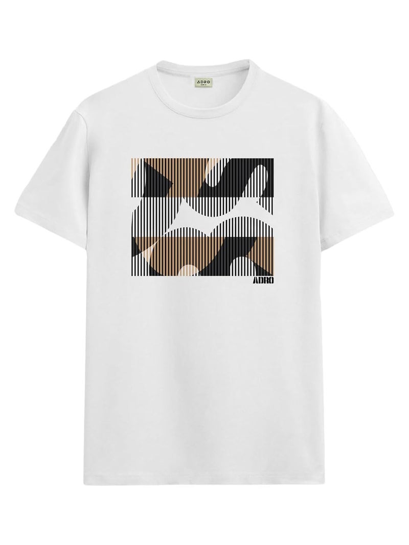 ADRO Men's Regular Fit T-Shirt with Abstract Camo Lines Design - 180 GSM Cotton Lycra Casual Half Sleeve White Round Neck Graphic Tee - Image 1