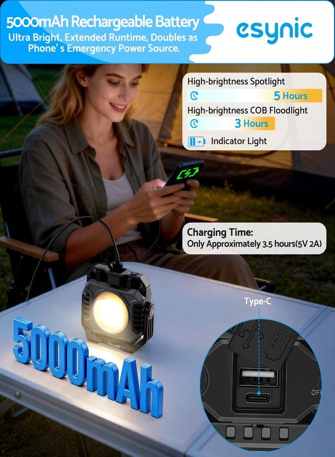 eSynic 2 Pack 2700-8000K Dual Light Mode Work Light-IP65 Waterproof-4400mAh Rechargeable Magnetic Work Light with COB Floodlight+TG3 Spotlight+Red Warning Light-360° Swivel Stand-for Garage/Camping - Image 4