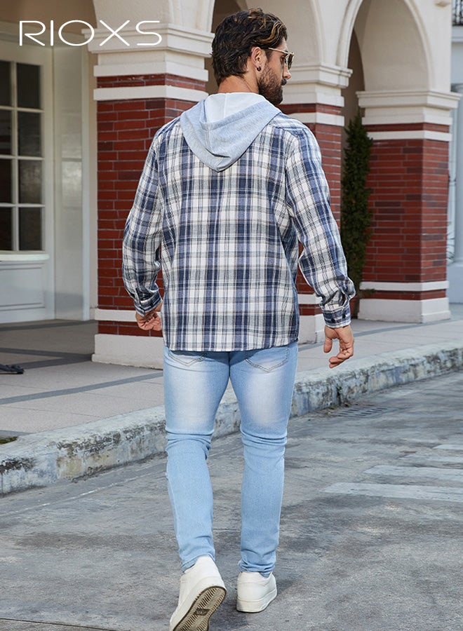 RIOXS Men's Casual Plaid Shirt, Hooded Long Sleeve Button Down Shirt , Loose Fit Cotton Blend Shirt with Open Front Lapel, Streetwear Shirt with Chest Pocket, Trendy Work Casual Shirt for Men, Spring Fall Layering Essential​ - Image 4