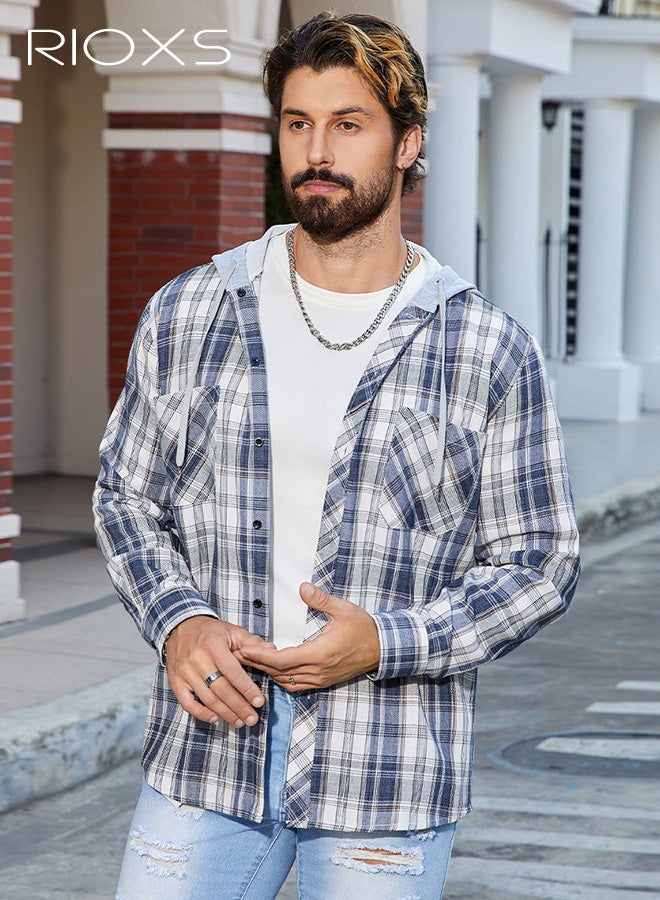 RIOXS Men's Casual Plaid Shirt, Hooded Long Sleeve Button Down Shirt , Loose Fit Cotton Blend Shirt with Open Front Lapel, Streetwear Shirt with Chest Pocket, Trendy Work Casual Shirt for Men, Spring Fall Layering Essential​ - Image 3