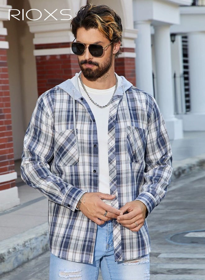 RIOXS Men's Casual Plaid Shirt, Hooded Long Sleeve Button Down Shirt , Loose Fit Cotton Blend Shirt with Open Front Lapel, Streetwear Shirt with Chest Pocket, Trendy Work Casual Shirt for Men, Spring Fall Layering Essential​ - Image 1