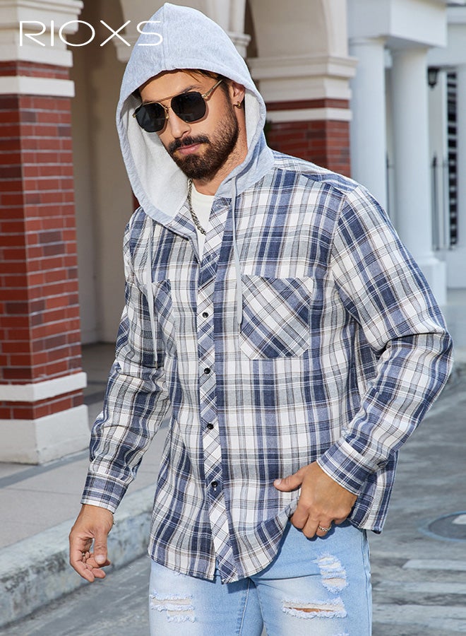 RIOXS Men's Casual Plaid Shirt, Hooded Long Sleeve Button Down Shirt , Loose Fit Cotton Blend Shirt with Open Front Lapel, Streetwear Shirt with Chest Pocket, Trendy Work Casual Shirt for Men, Spring Fall Layering Essential​ - Image 2