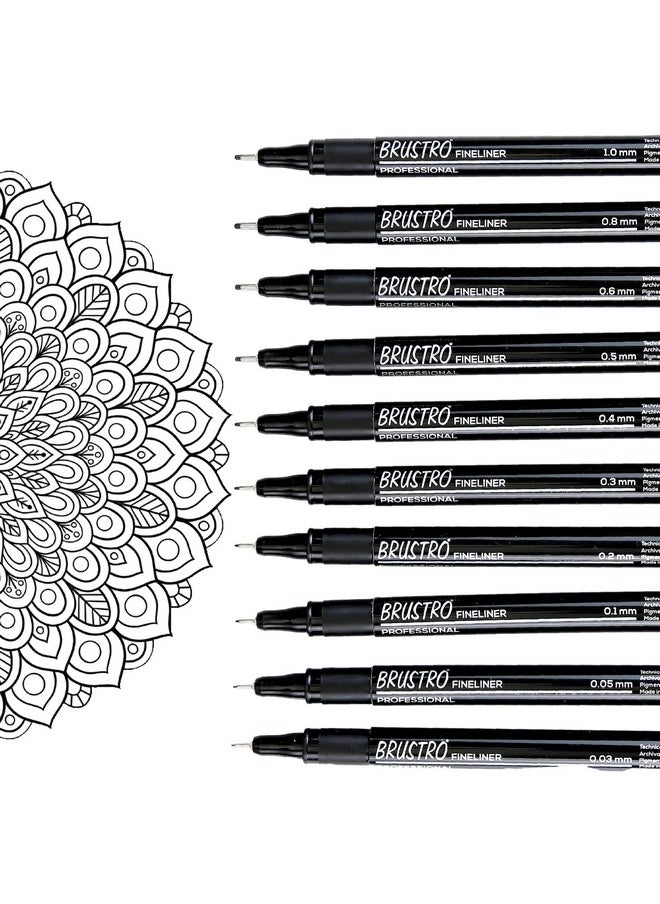 BRUSTRO - BRUSTRO Professional Pigment Based Fineliner Pen | Black | Set of 10 - Tip Sizes - 0.03, 0.05, 0.1, 0.2, 0.3, 0.4, 0.5, 0.6, 0.8, 1 mm, Ideal For Mandala, Drawing,Artist Illustration,Sketching - Image 1