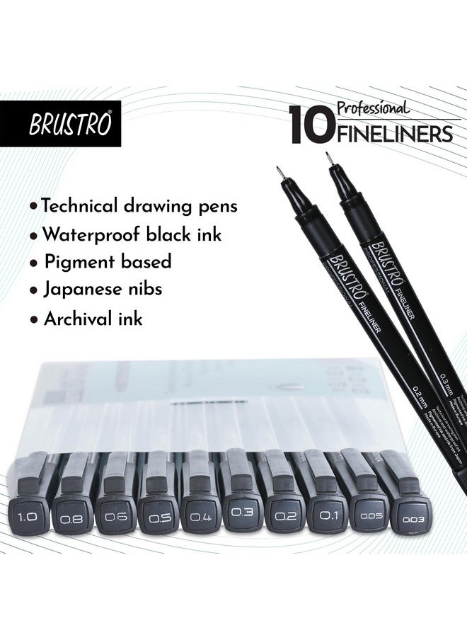 BRUSTRO - BRUSTRO Professional Pigment Based Fineliner Pen | Black | Set of 10 - Tip Sizes - 0.03, 0.05, 0.1, 0.2, 0.3, 0.4, 0.5, 0.6, 0.8, 1 mm, Ideal For Mandala, Drawing,Artist Illustration,Sketching - Image 1