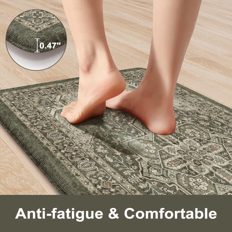 KIMODE Anti Fatigue Mats for Kitchen Floor 17"x47"+17"x29", Boho Kitchen Rugs Sets of 2,Cushioned Kitchen Floor Mats, Comfort Standing Mat for Laundry, Office, Sink, Desk Dark Green - Image 2
