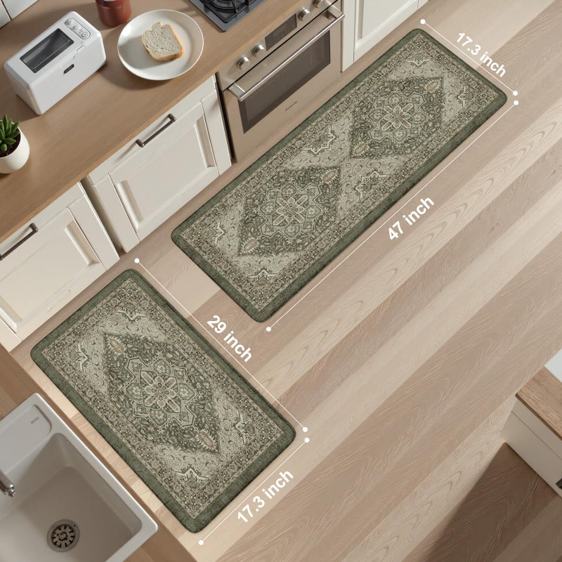 KIMODE Anti Fatigue Mats for Kitchen Floor 17"x47"+17"x29", Boho Kitchen Rugs Sets of 2,Cushioned Kitchen Floor Mats, Comfort Standing Mat for Laundry, Office, Sink, Desk Dark Green - Image 3