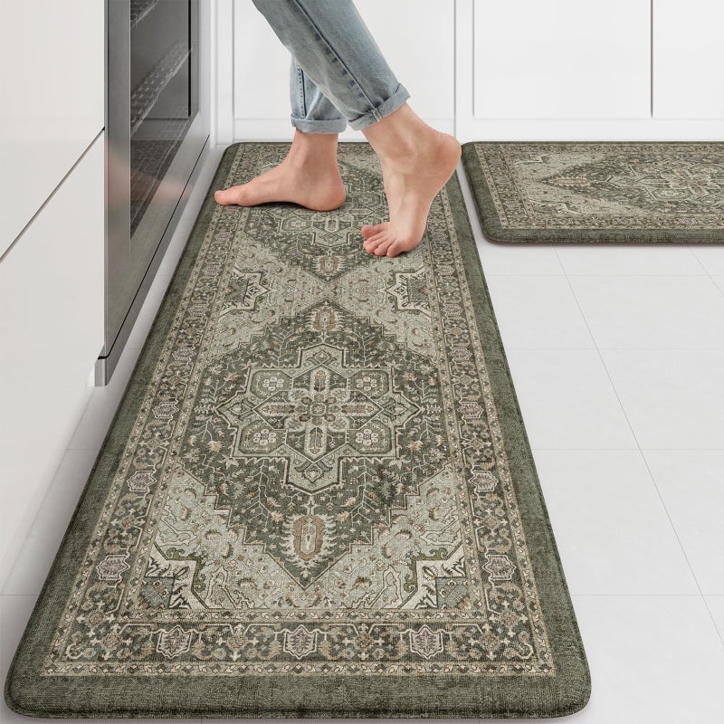KIMODE Anti Fatigue Mats for Kitchen Floor 17"x47"+17"x29", Boho Kitchen Rugs Sets of 2,Cushioned Kitchen Floor Mats, Comfort Standing Mat for Laundry, Office, Sink, Desk Dark Green - Image 1