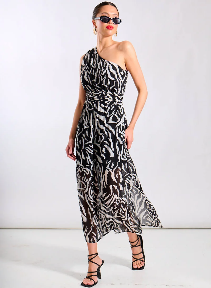 Needs No Label  Black Animal One Shoulder Midi Dress for Women | Best Price UAE