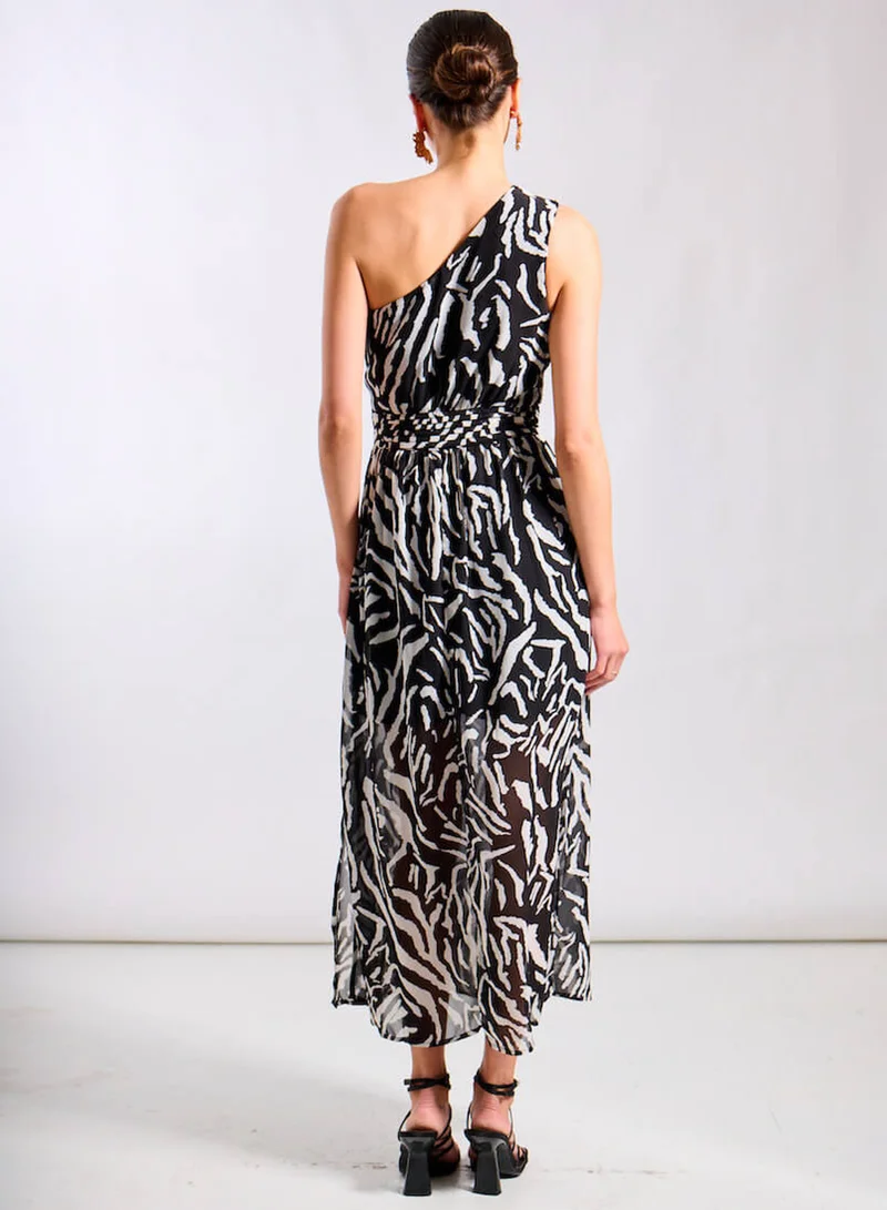 Needs No Label  Black Animal One Shoulder Midi Dress for Women | Best Price UAE