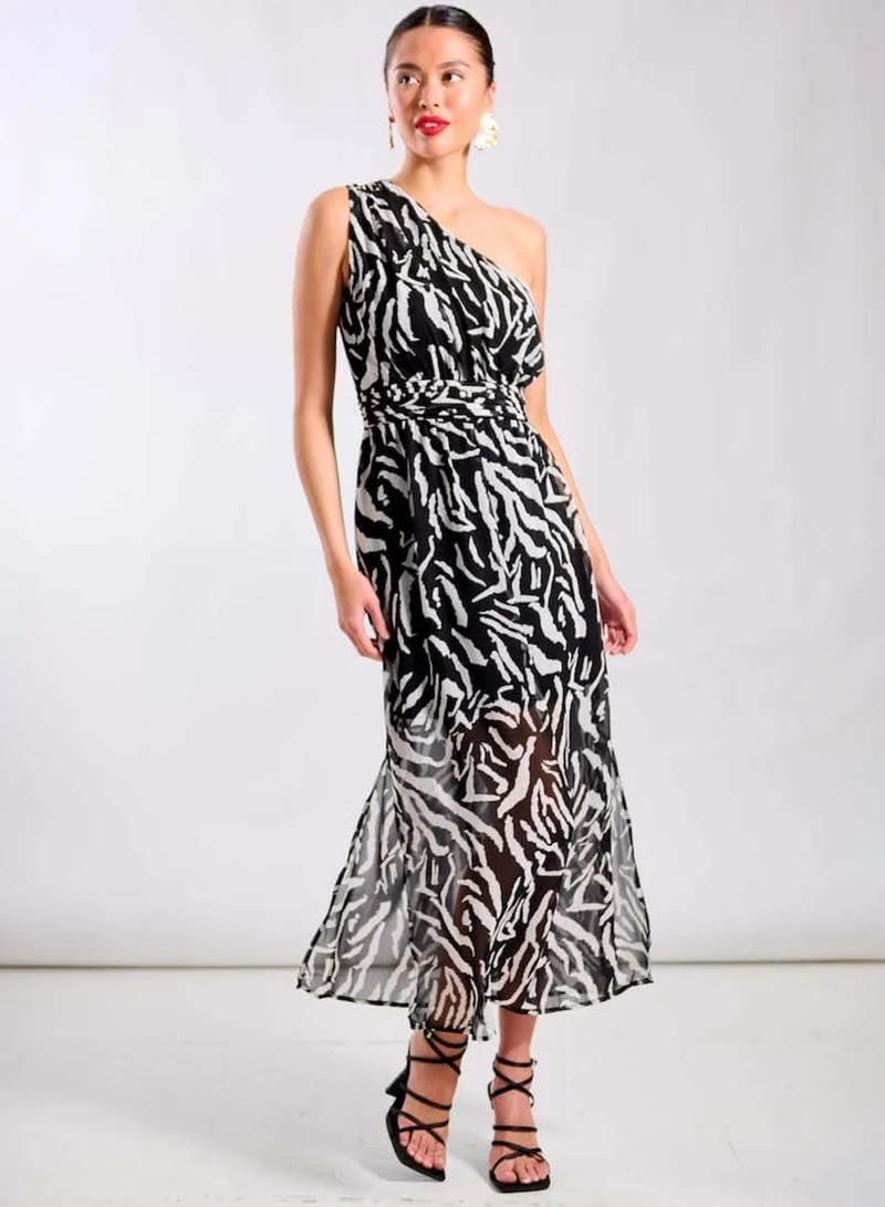 Black Animal One Shoulder Midi Dress
