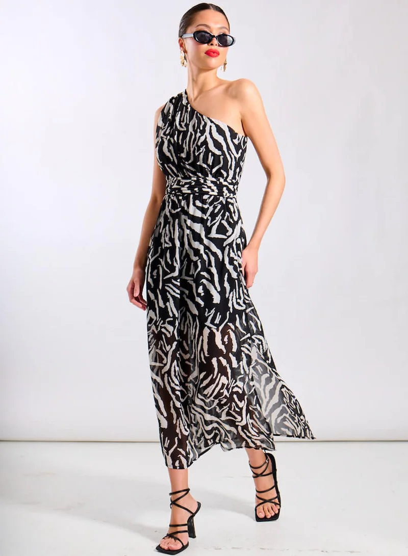 نيدز نو ليبل Black Animal One Shoulder Midi Dress