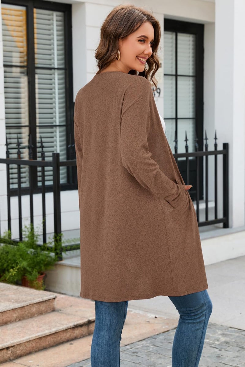 OUGES Women's 2026 Fashion Fall Winter Brown Open Front Long Sleeve Lightweight Sweater Cardigan Shirt with Pockets(Brown,S) - Image 5