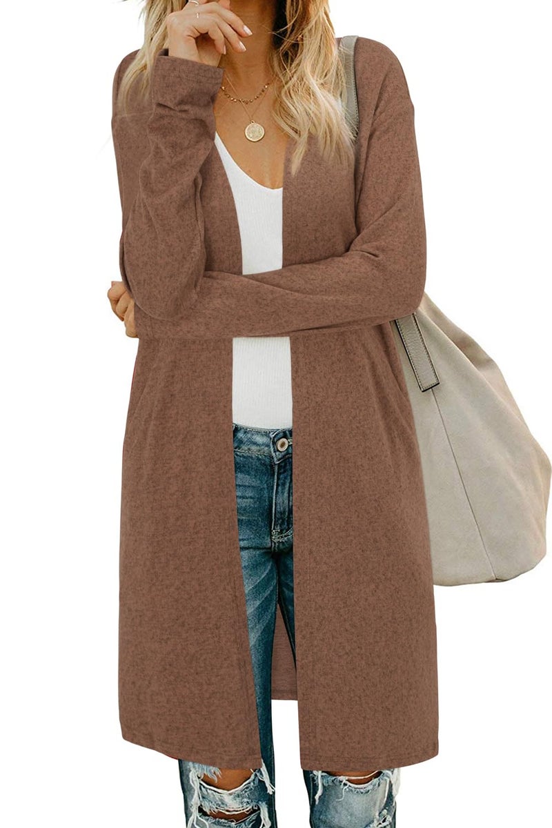 OUGES Women's 2026 Fashion Fall Winter Brown Open Front Long Sleeve Lightweight Sweater Cardigan Shirt with Pockets(Brown,S) - Image 1