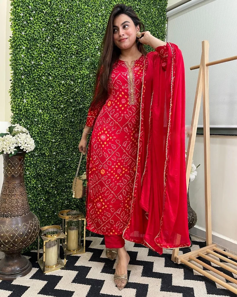 GoSriKi  GoSriKi Women's Rayon Blend Straight Printed Kurta with Pant & Dupatta (TURAE-RED-VKS01-GS_5XL_Red_XXXXX-Large) for Women | Best Price UAE