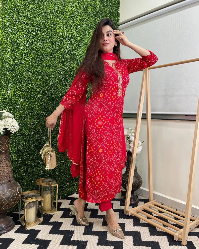 GoSriKi  GoSriKi Women's Rayon Blend Straight Printed Kurta with Pant & Dupatta (TURAE-RED-VKS01-GS_5XL_Red_XXXXX-Large) for Women | Best Price UAE