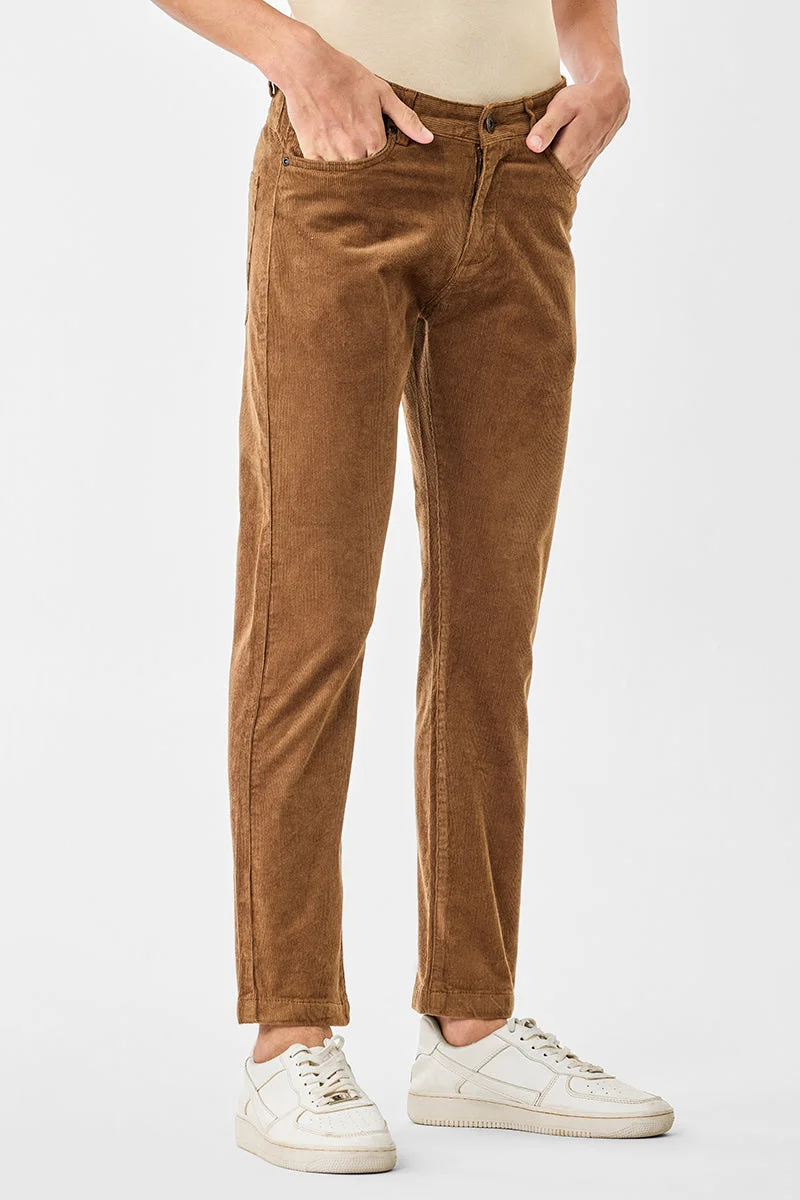 Snitch Brown Regular Fit Stretch Corduroy Trousers for Men | Best Price UAE