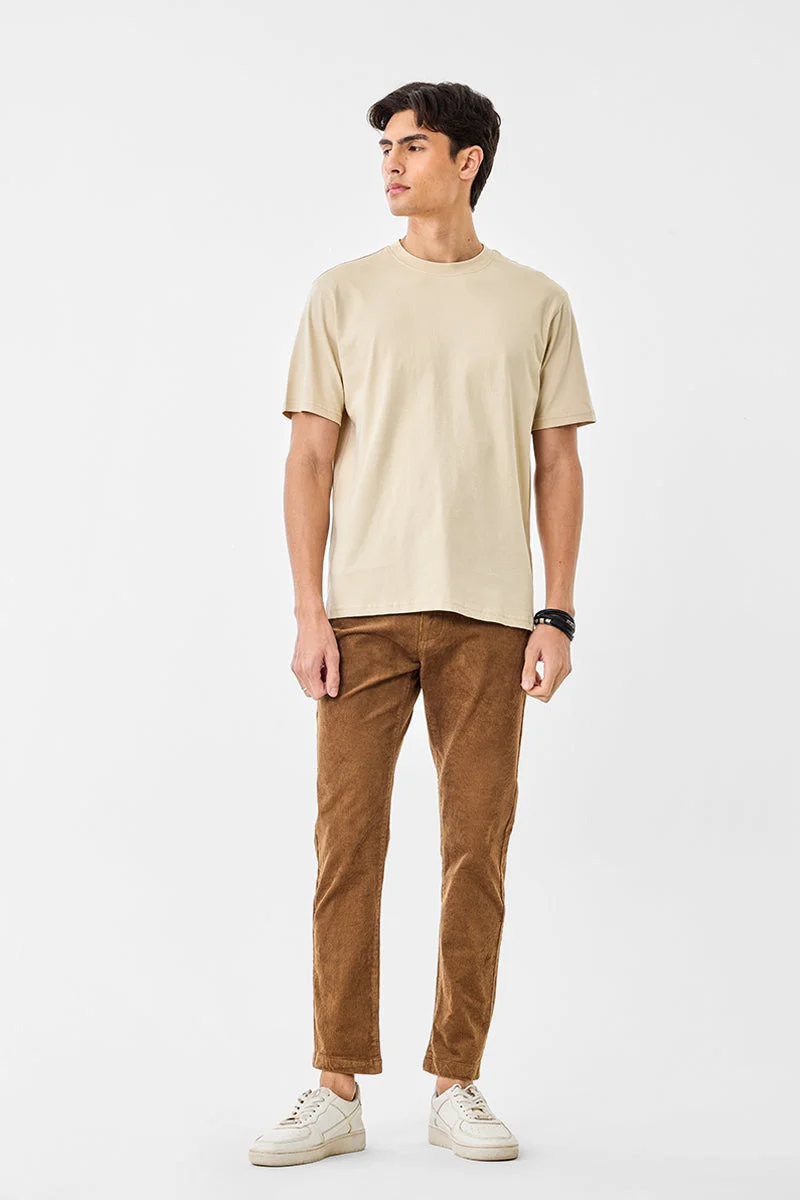 Snitch Brown Regular Fit Stretch Corduroy Trousers for Men | Best Price UAE