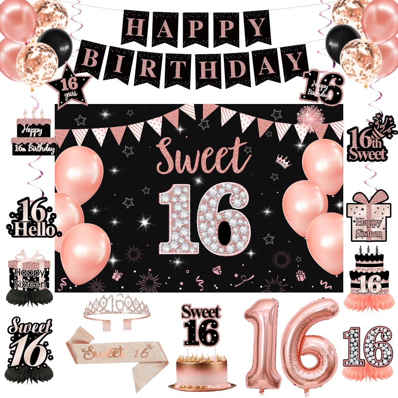 RTHPY Sweet 16 Party Decorations,Black Rose Gold Happy 16th Birthday Banner Balloons Backdrop Hanging Swirls,Sweet 16 Sash and Tiara Cake Topper Honeycomb Centerpiece Sixteen Party Supplies for Girls - Image 1