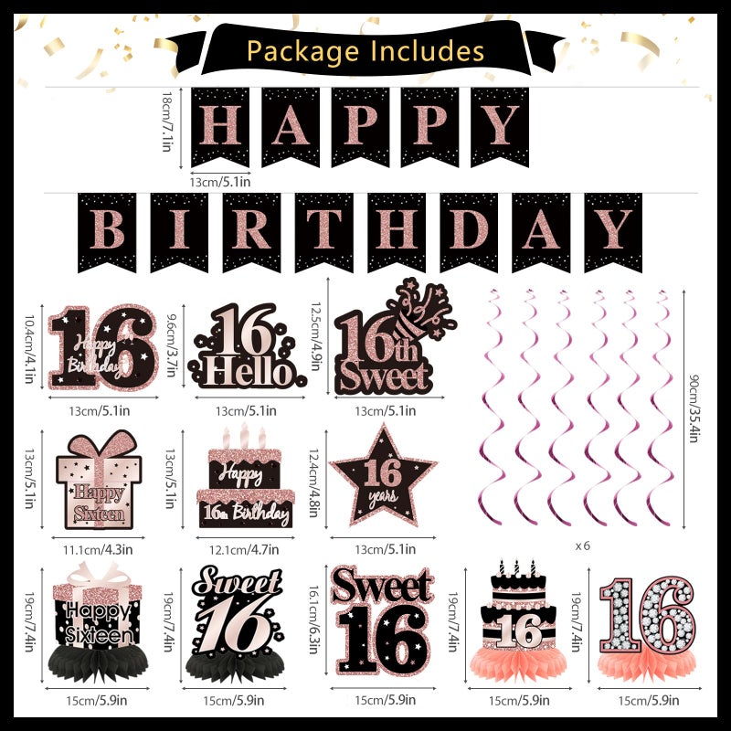 RTHPY Sweet 16 Party Decorations,Black Rose Gold Happy 16th Birthday Banner Balloons Backdrop Hanging Swirls,Sweet 16 Sash and Tiara Cake Topper Honeycomb Centerpiece Sixteen Party Supplies for Girls - Image 2