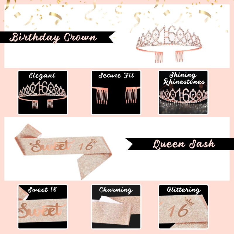 RTHPY Sweet 16 Party Decorations,Black Rose Gold Happy 16th Birthday Banner Balloons Backdrop Hanging Swirls,Sweet 16 Sash and Tiara Cake Topper Honeycomb Centerpiece Sixteen Party Supplies for Girls - Image 4