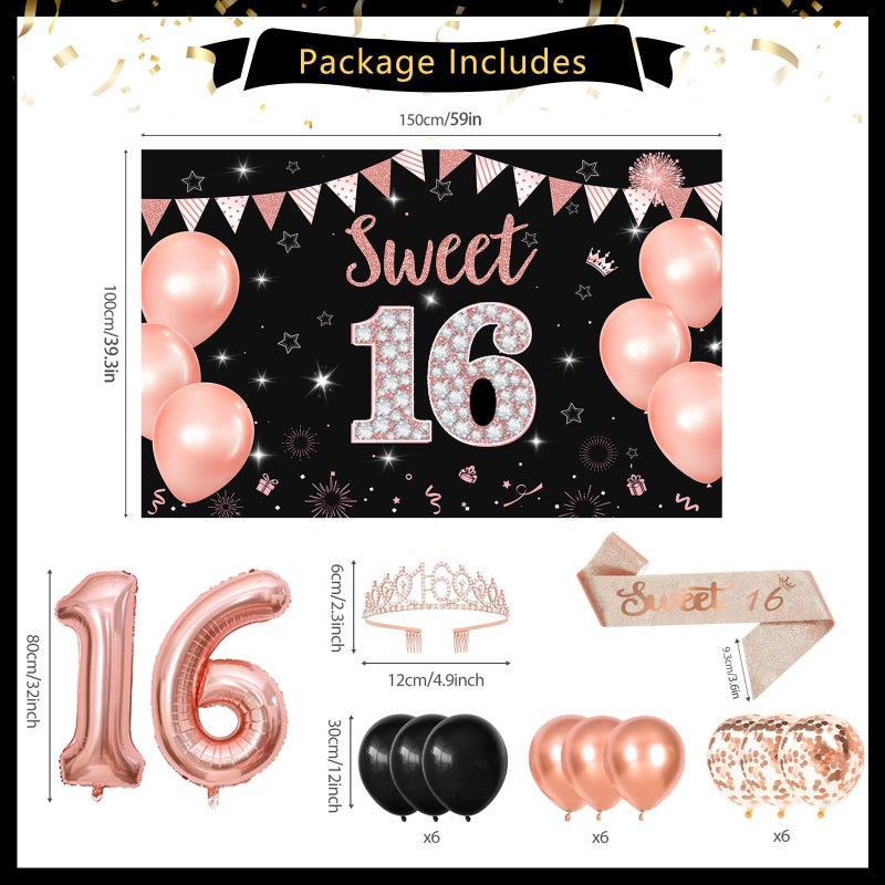 RTHPY Sweet 16 Party Decorations,Black Rose Gold Happy 16th Birthday Banner Balloons Backdrop Hanging Swirls,Sweet 16 Sash and Tiara Cake Topper Honeycomb Centerpiece Sixteen Party Supplies for Girls - Image 3