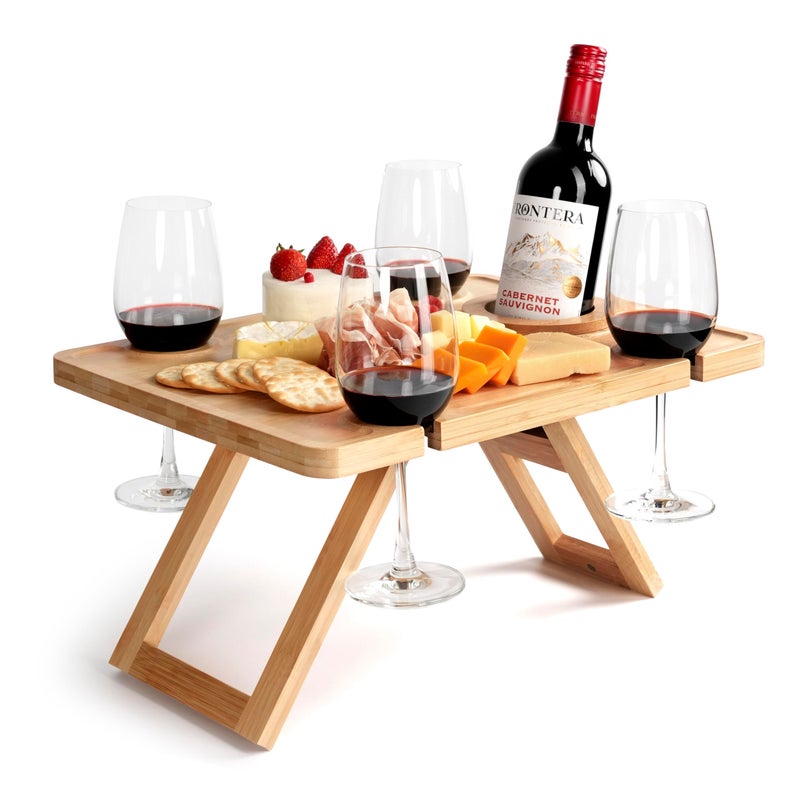 Piticco Outdoor Wine Picnic Table, Wooden Folding Picnic Table with Glass Holder, Bamboo Wine Glass Snack Tray for Indoor & Outdoor Use, Includes Picnic Mat & Tote Bag - Image 1