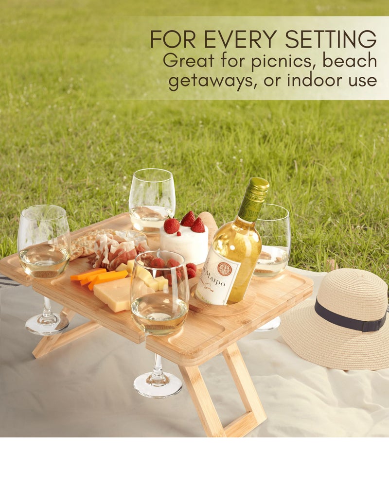 Piticco Outdoor Wine Picnic Table, Wooden Folding Picnic Table with Glass Holder, Bamboo Wine Glass Snack Tray for Indoor & Outdoor Use, Includes Picnic Mat & Tote Bag - Image 2
