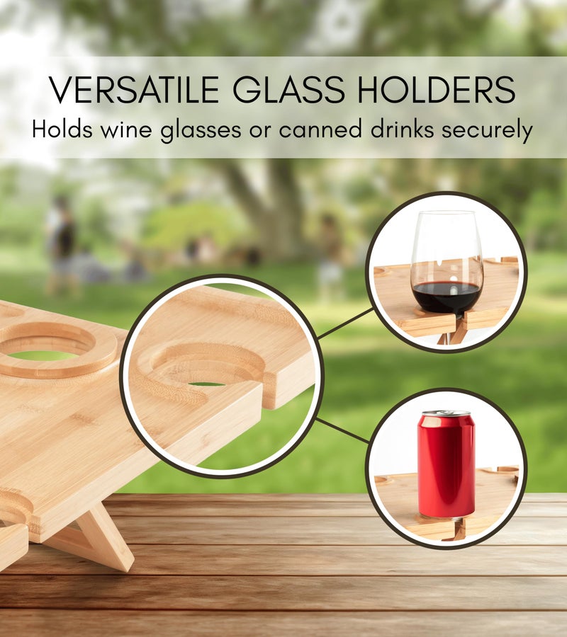 Piticco Outdoor Wine Picnic Table, Wooden Folding Picnic Table with Glass Holder, Bamboo Wine Glass Snack Tray for Indoor & Outdoor Use, Includes Picnic Mat & Tote Bag - Image 4