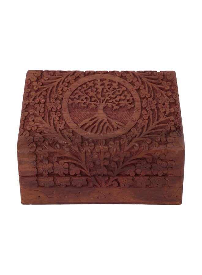 GURU JEE Wooden Indian Handmade Carving Tree of Life Trinket Box - Wood Jewelry Organizer & Keepsake Box for Women - 8x5x2.5 Inch - Image 1