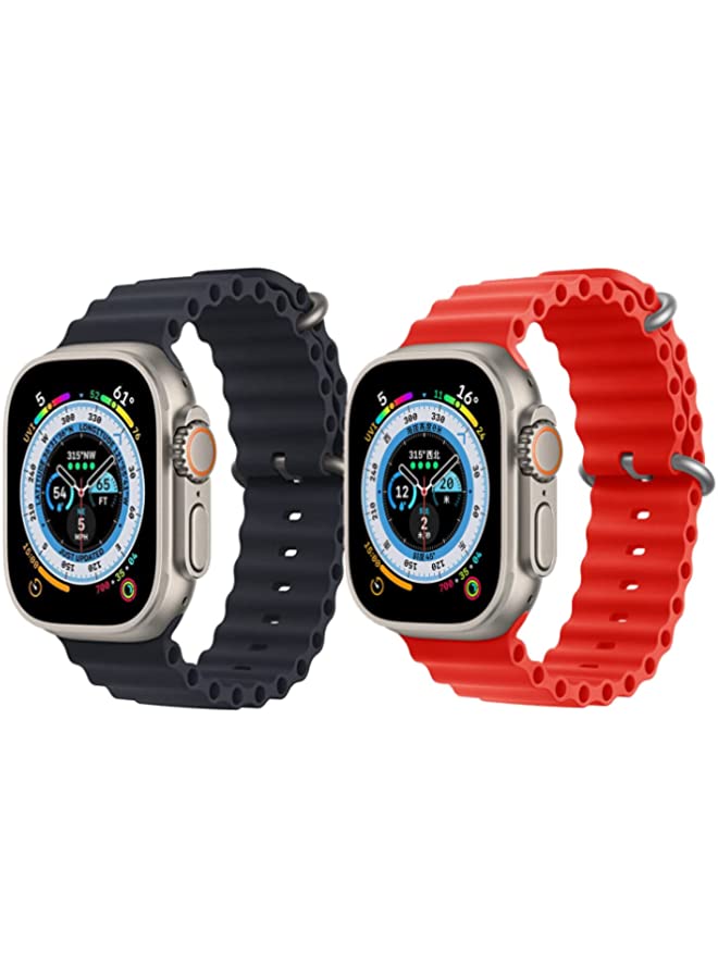 IAF Silicone Ocean Band Strap for Apple Watch Ultra 8 49mm Black Single Color Strap with Red Single Color Strap Set of 2