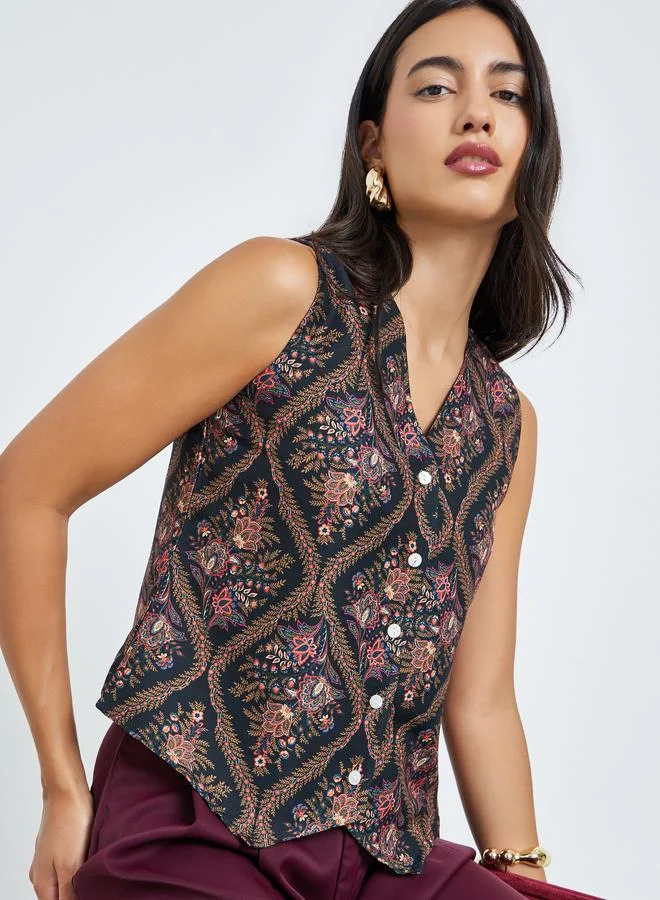 Black Floral Print Sleeveless Waistcoat