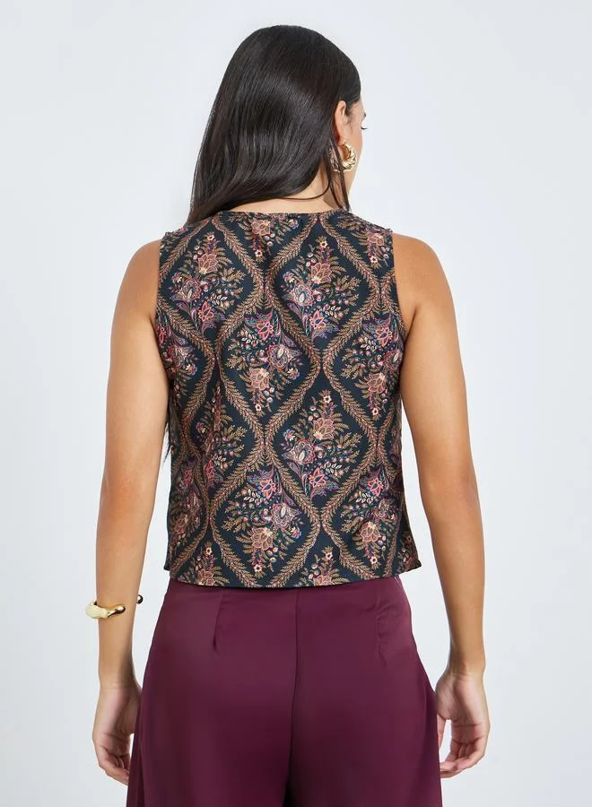 Styli  Black Floral Print Sleeveless Waistcoat for Women | Best Price UAE