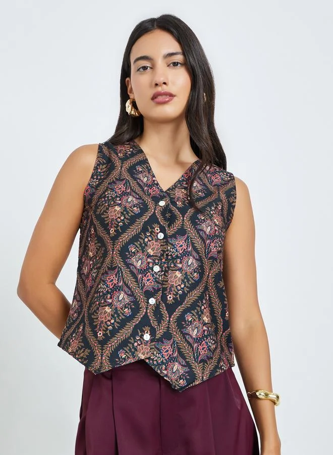 Styli  Black Floral Print Sleeveless Waistcoat for Women | Best Price UAE