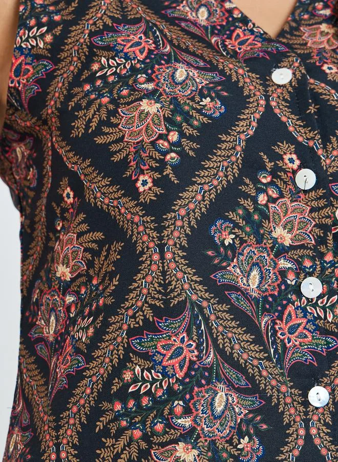 Styli  Black Floral Print Sleeveless Waistcoat for Women | Best Price UAE