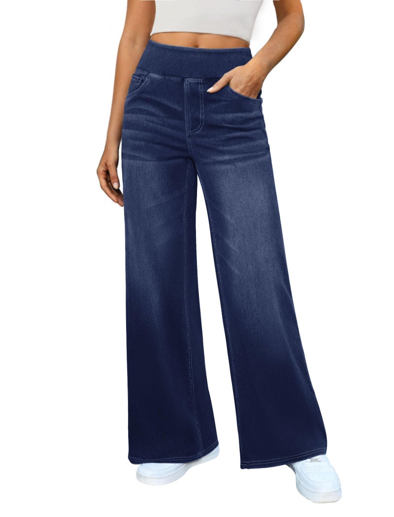 DLOODA Women's Wide Leg Jeans High Waisted Stretchy Denim Pants Elastic Waist Pull On Sweatpant Jeans Trendy Baggy Loose Dark Blue - Image 1