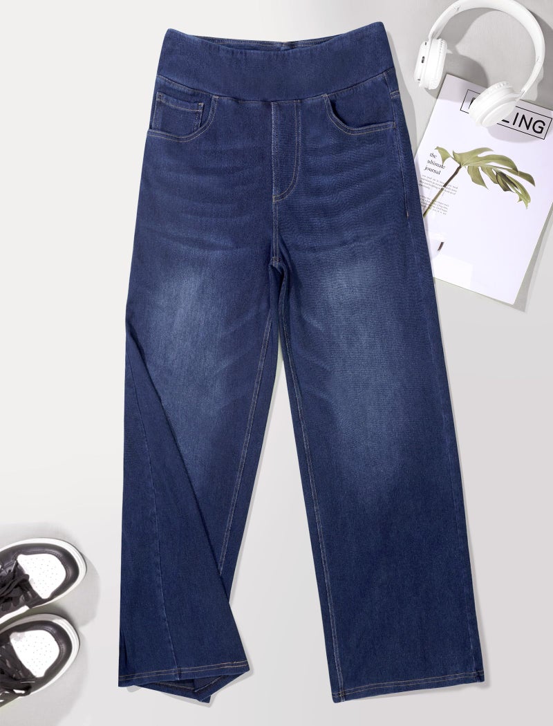 DLOODA Women's Wide Leg Jeans High Waisted Stretchy Denim Pants Elastic Waist Pull On Sweatpant Jeans Trendy Baggy Loose Dark Blue - Image 5