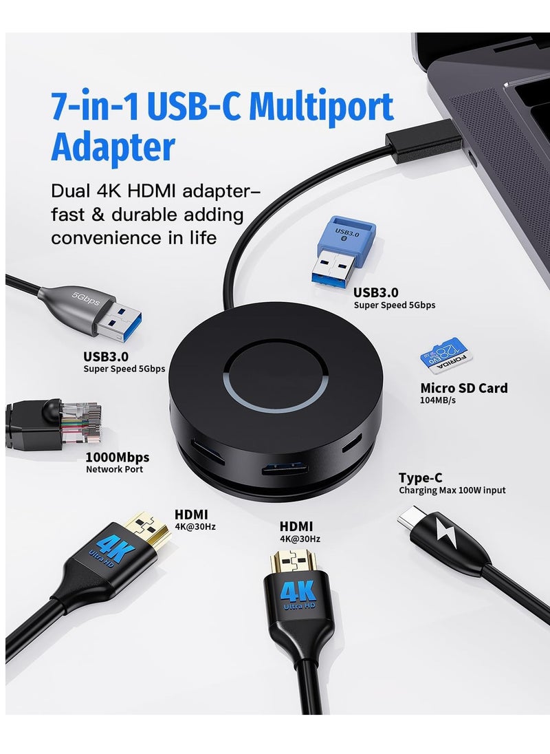 Excefore USB C Docking Station Dual Monitor 7in1 Round Multifunctional Multiport Adapter with 2 4K HDMI 100W PD Micro SD Card Reader 2 USB 3.0 Gigabit Ethernet for MacBook Dell HP Lenovo Laptops  - Image 2