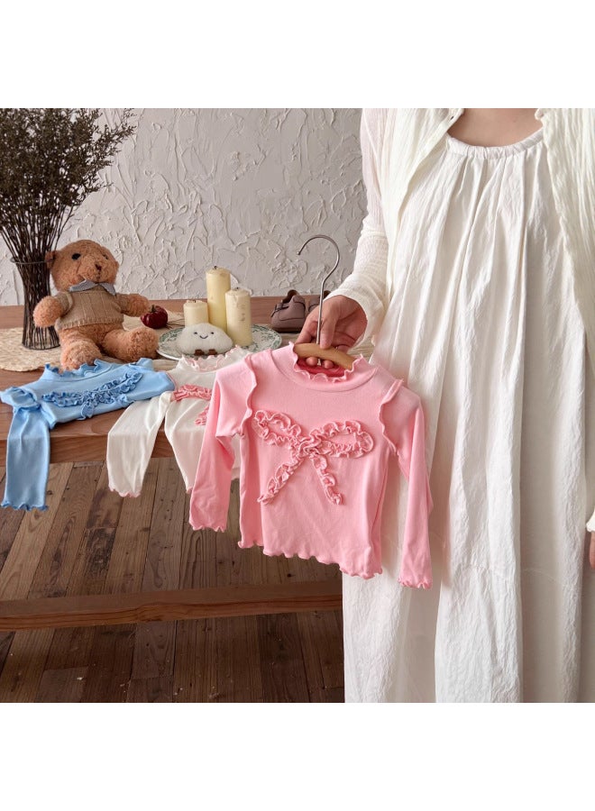 Early Autumn Thin Girls' Lace Bow Round Neck Sweetheart Korean Style Long-sleeved Tops Sweet And Versatile T-shirt Trend