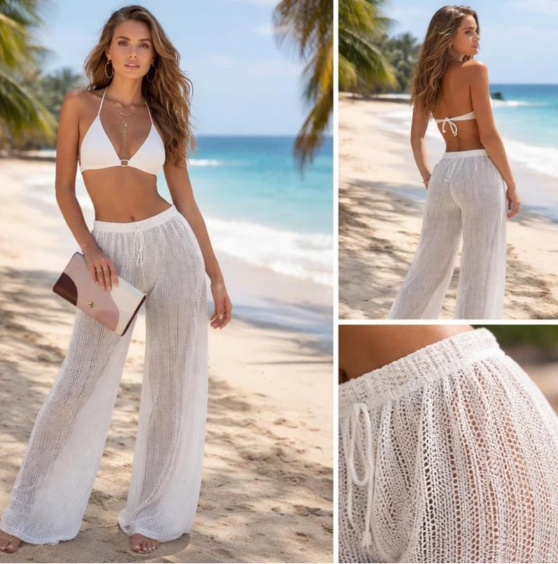 Women's White Crochet Knit Wide-Leg Beach Cover-Up Pants – Sheer High-Waisted Summer Mesh Trousers