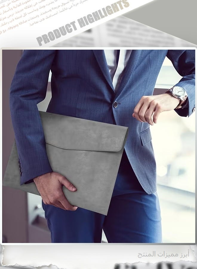 PU Leather Document Wallet, Grey Envelope Style File Folder with Snap Button Closure, A4 Paper Organizer Storage Pouch for Office School Home Business Supplies - Image 3