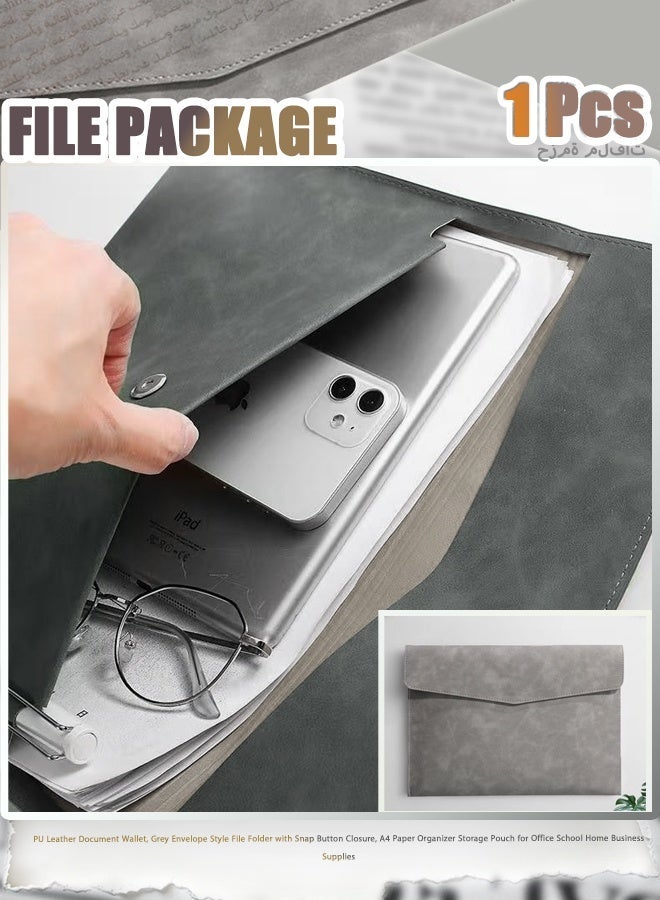 PU Leather Document Wallet, Grey Envelope Style File Folder with Snap Button Closure, A4 Paper Organizer Storage Pouch for Office School Home Business Supplies - Image 1