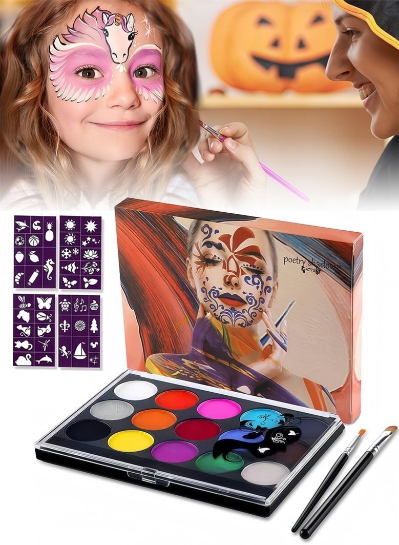 poetry shadow Face Painting Kit for Kids - Safe Non-Toxic Body Paint for Boys Girls, 15 Colors & 40 Stencils with 2 Brushes ,Halloween Makeup,Best Gifts for Kids Party - Image 1