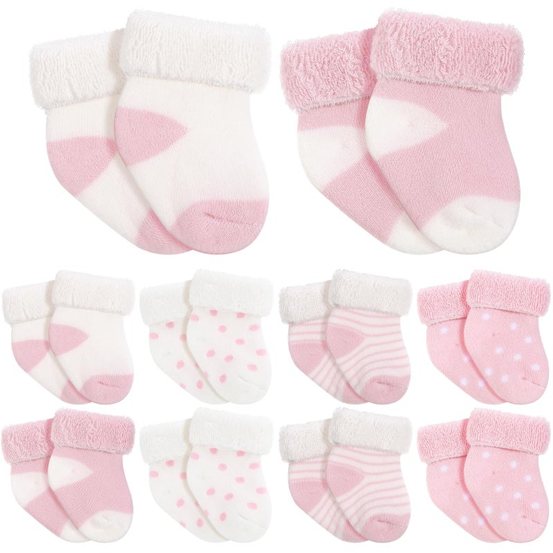 Twistover 10 Pairs Preemie Baby Terry Cotton Turn Cuff Socks for Newborn Girls Boys - Nicu(Pink, White,3 Months) - Image 1