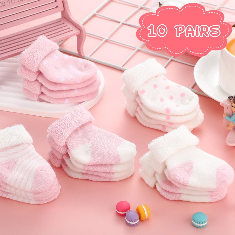 Twistover 10 Pairs Preemie Baby Terry Cotton Turn Cuff Socks for Newborn Girls Boys - Nicu(Pink, White,3 Months) - Image 2