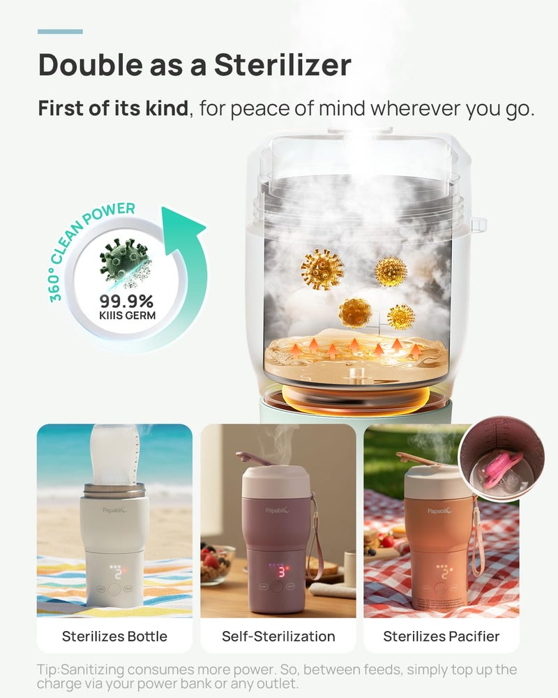 Papablic Pro Portable Bottle Warmer for Travelâ€“ Fast Heating, Steam Sterilizer, 30W Fast Charge, 5-Temp Control, Easy-Clean Wide Mouth, Baby Milk Warmer for Breastmilk & Formula, Almond Rose - Image 4