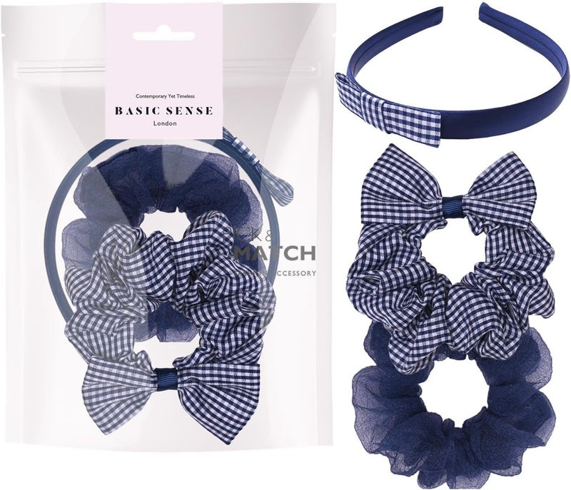Basic Sense Gingham Check Hair Accessories Set Hair Scrunchies Headband Aliceband for School Uniform Navy