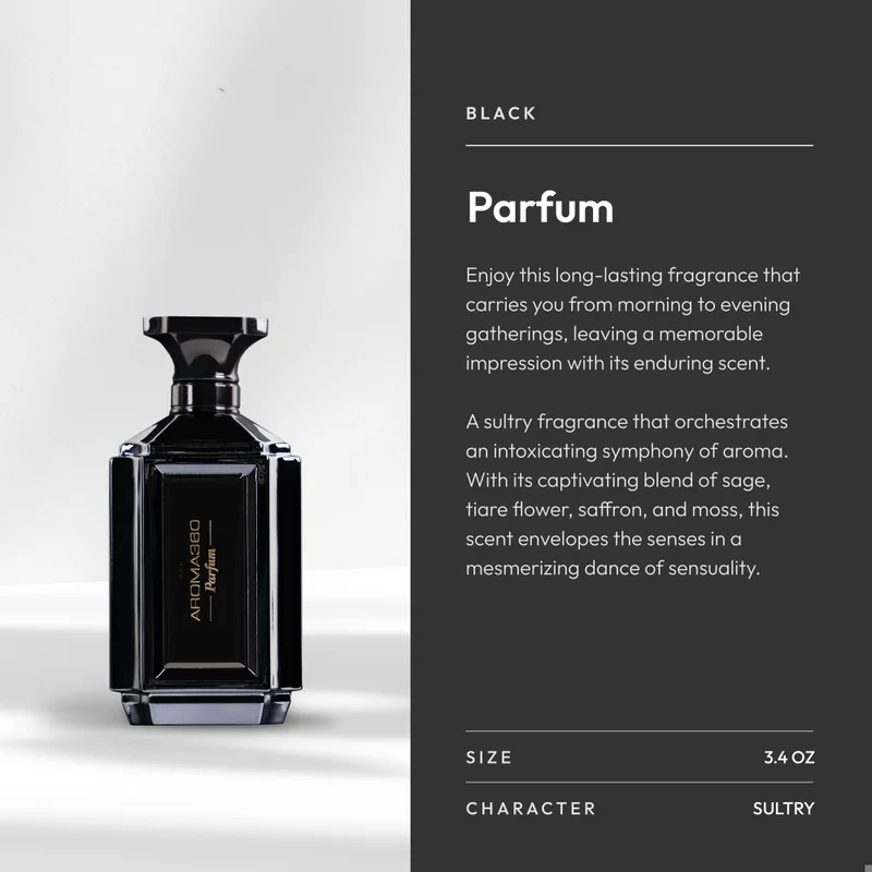 أروما 360  عطر بلاك للجنسين - برغموت، سيج، زهرة التياري، زعفران وطحالب - خالي من منتجات الحيوان - سعة 100 مل