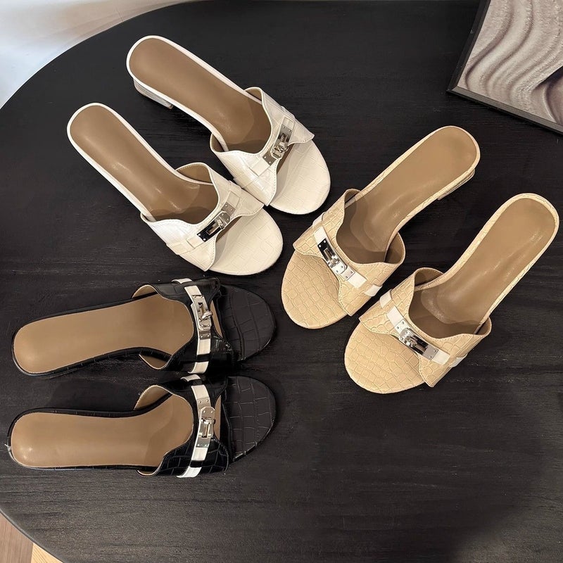 Women's Flat Slides Sandals with Croc Embossed Pattern - Image 2