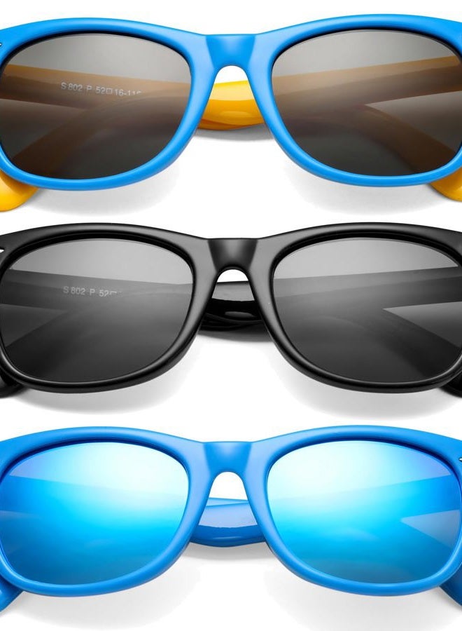 NULOOQ Kids Polarized Sunglasses for Boys Girls – TPEE Unbreakable Flexible Frame UV400 Protection Age 3-8, A2* (Black + Blue/Blue + Blue Yellow) - 3 Pack, Lenswidth - Image 1